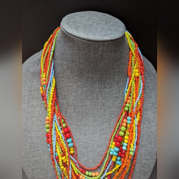 Vincero Graduated Layered Multi Color Seed Bead Boho Hippie Long Necklace 32" - Picture 3 of 5